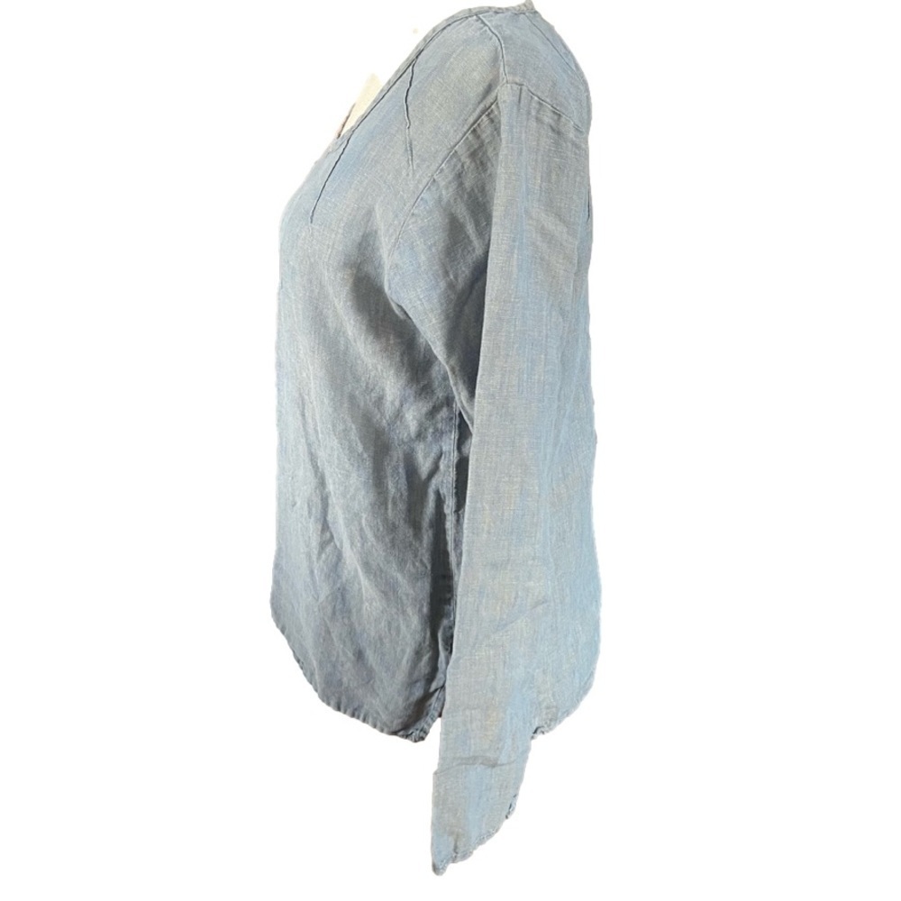 Flax Blue Tunic Minimalist 100% Linen Long Sleeves w/ Pintuck Detail Sz SP - Picture 3 of 11